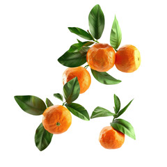 Flying ripe mandarins with leaves isolated on transparent background