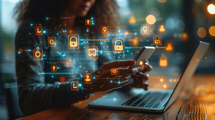 Cyber security and data protection. Businessman using digital tablet protecting business and financial data with virtual network connection