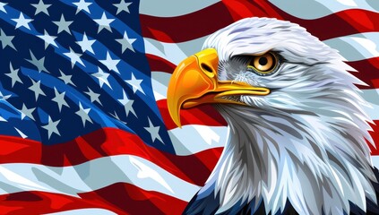 art bald eagle head on an american flag background Generative AI