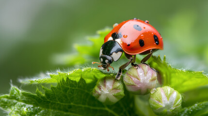 Fototapeta premium Close-up of a bright red ladybug with black spots perched on green leaves and budding flowers