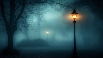 Fototapeta premium A misty, ethereal scene with glowing street lamps illuminating a foggy park. Bare trees and hazy light create a mysterious, serene atmosphere