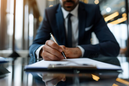 Signing agreement, contract. Young man in elegant suit fill financial documents, sign agreement, contract, insurance, investment contract, loan application and mortgage agreement