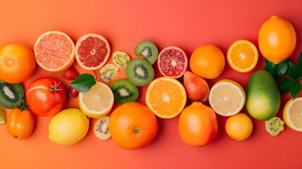 Knolling photo style background. Horizontal wallpaper full of fresh fruits. Harvest season concept