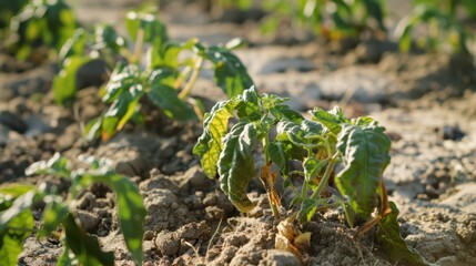 Obraz premium Withering garden plants with drooping leaves and dry soil, indicating extreme heat and lack of water.