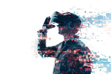 Man wearing VR glasses fragmented by pixels isolated on white background, advanced technology concept