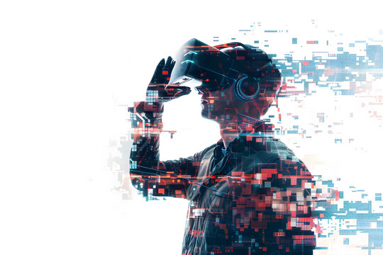 Man wearing VR glasses fragmented by pixels isolated on white background, advanced technology concept