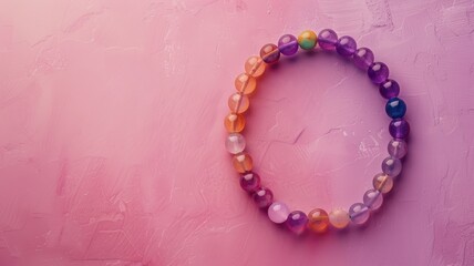 Beaded bracelet with colorful semi-precious stones on pink textured background