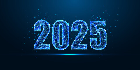 Abstract 2025 Happy New Year digital banner background. Futuristic glowing polygonal style on blue