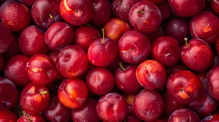 Colorful fruit background. Horizontal wallpaper full of plums. Organic vitamin and harvest season