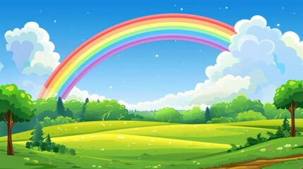 A rainbow is seen in the sky above a mountain range. The sky is mostly cloudy, but the rainbow is bright and colorful, creating a sense of hope and wonder
