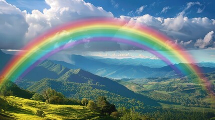 Obraz premium A rainbow is seen in the sky above a mountain range. The sky is mostly cloudy, but the rainbow is bright and colorful, creating a sense of hope and wonder