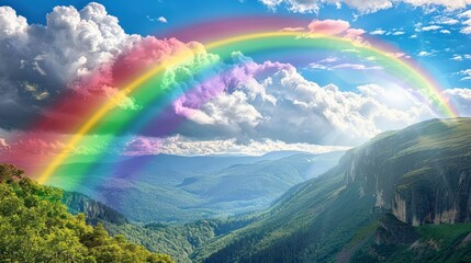 A rainbow is seen in the sky above a mountain range. The sky is mostly cloudy, but the rainbow is bright and colorful, creating a sense of hope and wonder