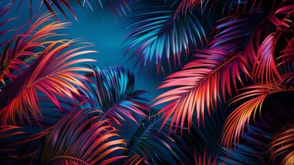 A background image of neon illuminating palm leaves with sand behind