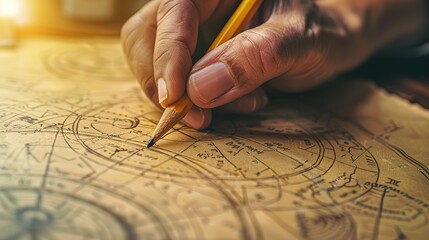 An_astrologer_draws_with_a_pencil_on_a_natal_chart. generative ai image