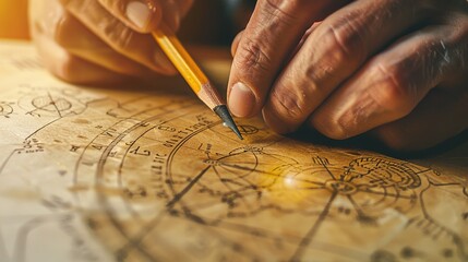 An_astrologer_draws_with_a_pencil_on_a_natal_chart. generative ai image