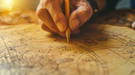 An_astrologer_draws_with_a_pencil_on_a_natal_chart. generative ai image