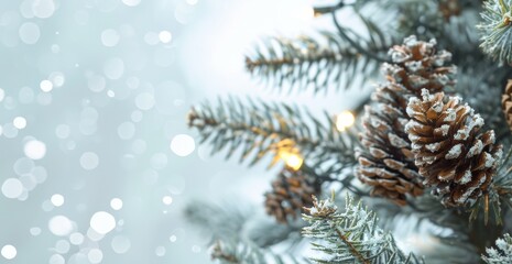 Snowdusted pine cones on frosty evergreen branches create a festive winter holiday background, offering a serene and tranquil scenery with sparkling snowflakes and a touch of winter beauty
