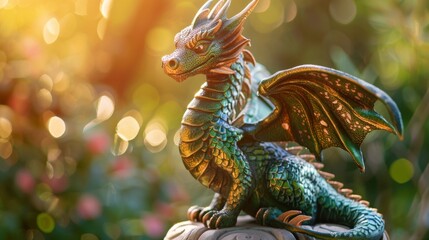Fototapeta premium Enchanting Green Dragon in a Sunlit Garden, Generative AI