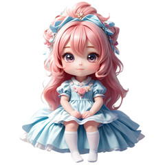 Delightful chibi character with long, flowing pink hair adorned with blue ribbons, sitting demurely in a light blue, frilly dress
