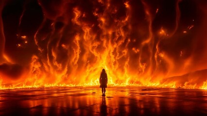 A Woman Standing Alone Staring at a Wall of Fire and Smoke