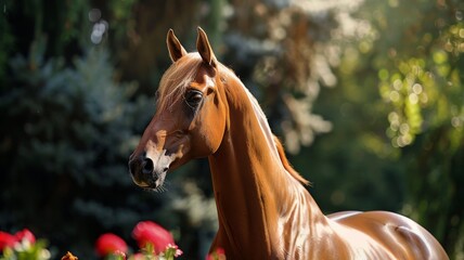 A brown horse is standing in a field of red flowers. The horse is looking directly at the camera, and the flowers are in full bloom, creating a serene and peaceful atmosphere