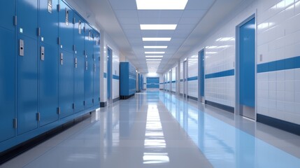 Modern School Hallway with Blue Lockers, Generative AI