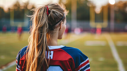 Closeup picture at waist level of high school aged girl in flag football uniform standing on field