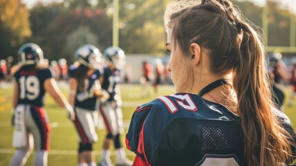 Closeup picture at waist level of high school aged girl in flag football uniform standing on field