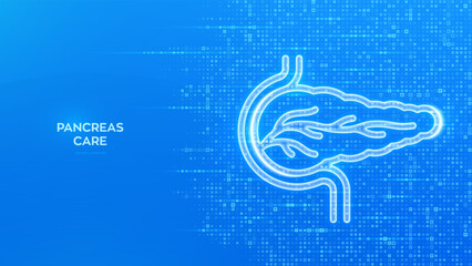 Pancreas icon. Pancreas health, care and protection. Treatment of pancreatic diseases, acute and chronic pancreatitis. Blue medical background made with cross shape symbol. Vector illustration.