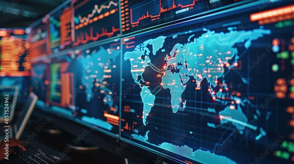 Poster a computer monitor displays a map of the world with a blue and orange background. the map is filled 