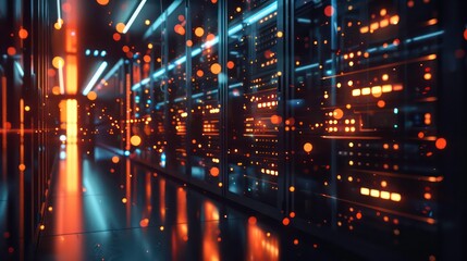 The image shows a modern data center with rows of server racks. The servers are lit up and there are blinking lights. Generative AI