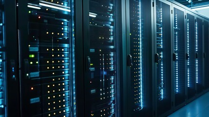 The image shows a modern data center with rows of server racks. The servers are lit up and there are blinking lights. Generative AI