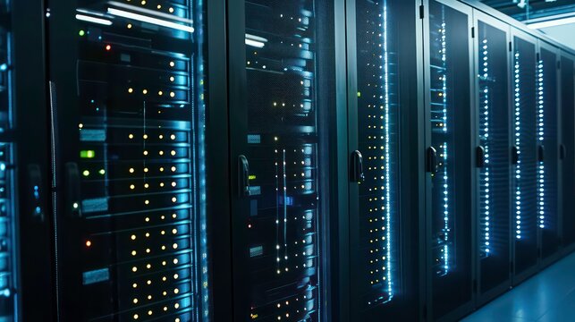The image shows a modern data center with rows of server racks. The servers are lit up and there are blinking lights. Generative AI - Powered by Adobe