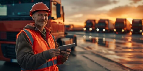 Focused male delivery specialist, Caucasian, wearing orange safety vest and hard hat, using tablet computer, red trucks in background, sunset logistics yard.