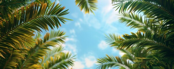 Obraz premium Lush green palm tree tops frame bright blue sky with soft clouds, invoking tropical getaway mood and summer relaxation feelings.