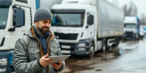 Focused professional man setting up navigation on tablet computer in logistics truck yard, reviewing cargo details for delivery, winter clothing