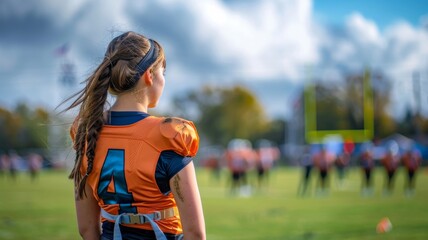 Fototapeta premium Flag football girl running with football