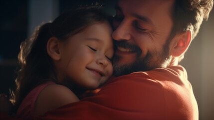 A tender moment of a father and daughter hugging, both gazing at the camera with joy, with copy space for text.