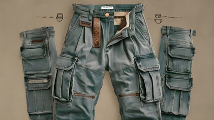 An illustration showing the specifics of the design for a pair of men's soft denim cargo trousers