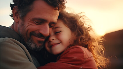 A tender moment of a father and daughter hugging, both gazing at the camera with joy, with copy space for text.