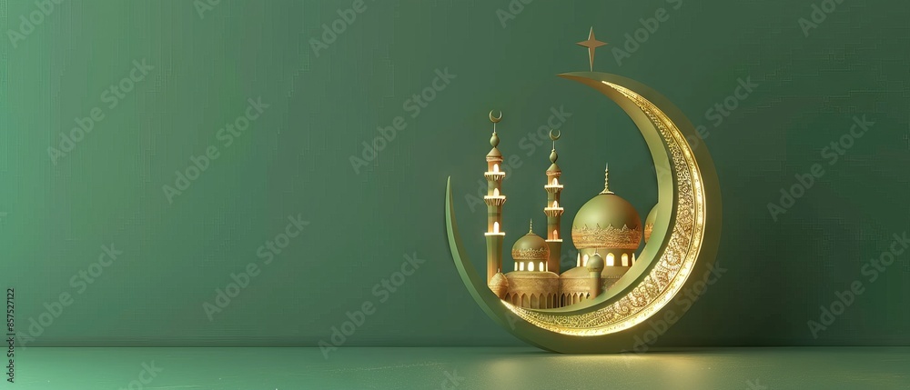 Poster background of mosque. golden metalic illustration of mosque and moon. 3d background with copy space