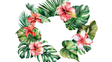 Fotobehang Tropical wreath of plants flowers and exotic leaves on a transparent background © Krtola 