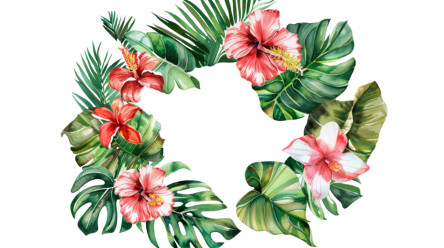 Tropical wreath of plants flowers and exotic leaves on a transparent background
