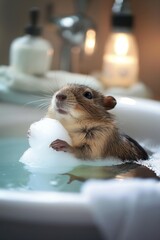 A charming hamster taking a bubble bath, holding frothy bubbles in its tiny paws while sitting in a white basin, set against a softly lit indoor bathroom backdrop.