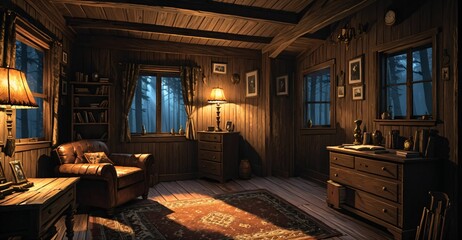 interior of modern cabin living room in secluded forest woods. furniture interior design and decor of mansion house lodge with glass window walls and wood floor roof.