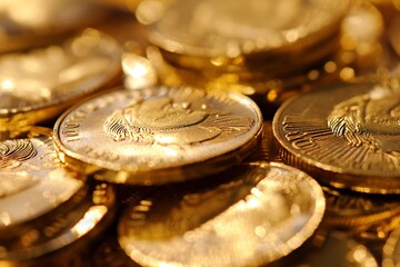 A close-up view of golden coins with intricate inscriptions and designs, showcasing the detailed craftsmanship and reflecting the warm golden hues and shiny texture of the coins.