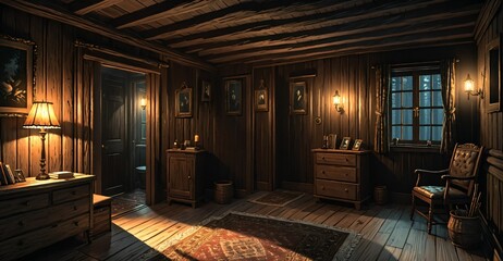 interior of modern cabin living room in secluded forest woods. furniture interior design and decor of mansion house lodge with glass window walls and wood floor roof.