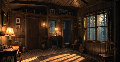 interior of modern cabin living room in secluded forest woods. furniture interior design and decor of mansion house lodge with glass window walls and wood floor roof.