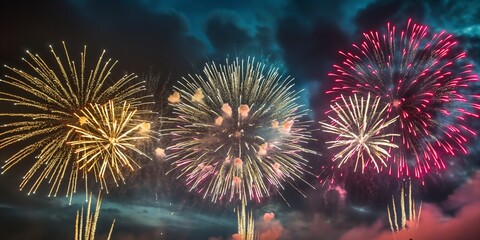 A magnificent array of colorful fireworks lighting up the night sky, creating a breathtaking display that's perfect for celebrations and events, evoking joy and wonder.