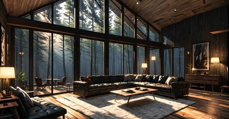 interior of modern cabin living room in secluded forest woods. interior design and decor of mansion house lodge with glass window walls and wood floor roof.